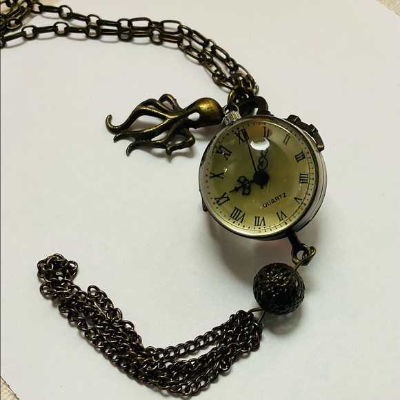 Vintage STEAMPUNK Orb Octopus Charm Watch Necklace - Picture 1 of 9